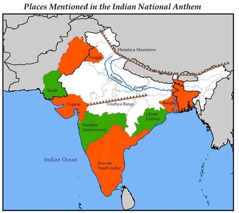 Map of Places mentioned in 'Jana Gana Mana'. Feedback welcome! : india