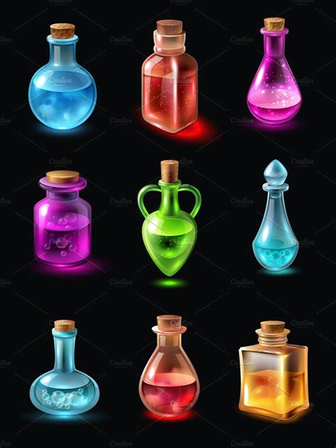 Set of bottles of various shape by Macrovector on @creativemarket Magia Elemental, Elemental ...