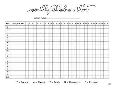 Attendance Sheets - 52 FREE Printables | Printabulls