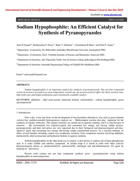 Sodium Hypophosphite: An Efficient Catalyst for Synthesis of Pyranopyrazoles | PDF