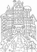 Hand drawing coloring Page For Kids And Adults Fairy City Landscape  sketch template