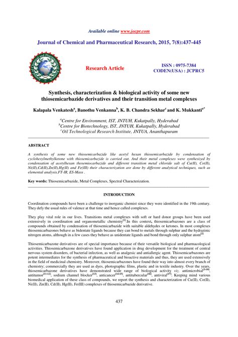 (PDF) Synthesis, characterization & biological activity of some new thiosemicarbazide ...