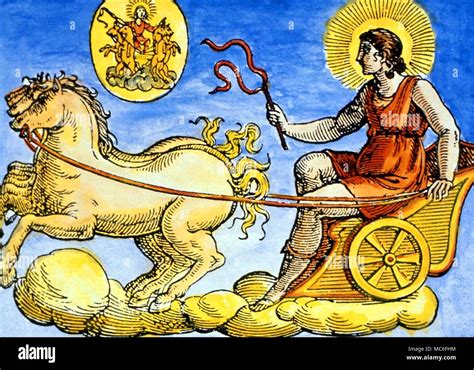 Helios, the Sun god, in his horse-drawn chariot. From Natalis Comitis, 'Mythologiae', Lib. V ...