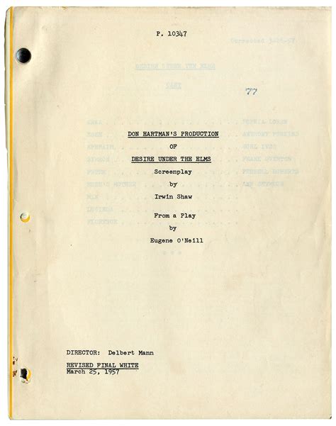 DESIRE UNDER THE ELMS (Mar 25, 1957) Revised Final White script by Irwin Shaw - WalterFilm