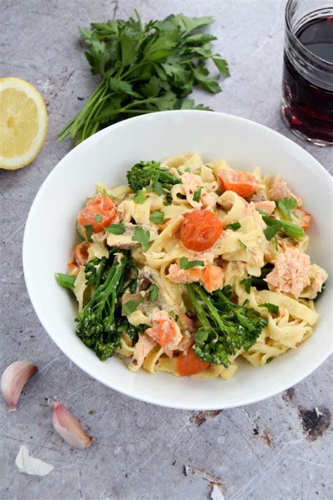 A summery pasta dish made with salmon and tenderstem broccoli and a ...