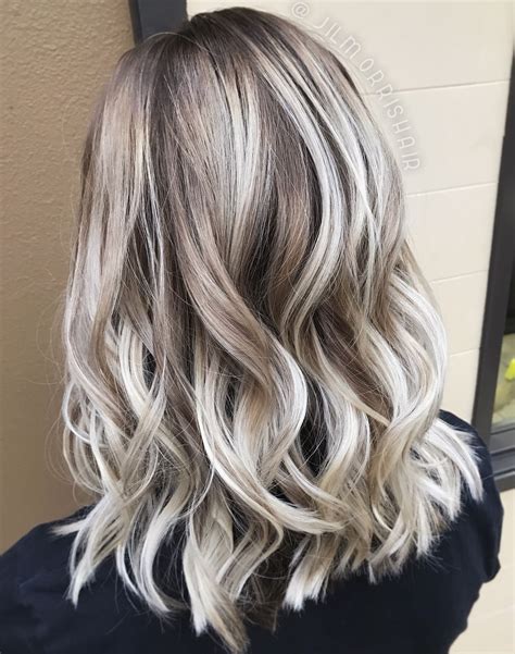 White ash blonde balayage, shadow root, curls in a textured lob, holiday hair | Ash blonde ...