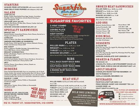 Menu of Sugarfire Smoke House in Washington, MO 63090