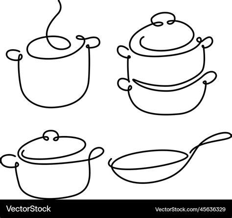 Pots and pans contour line drawings Royalty Free Vector