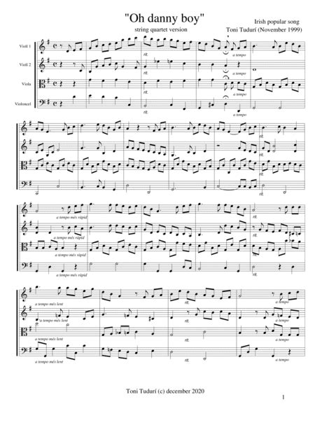 "Oh danny boy" - Irish popular song - version for string quartet - Score (arr. Antonio Tudurí ...