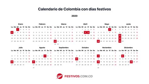 Calendario 2020 Con Festivos Colombia Para Imprimir Pdf