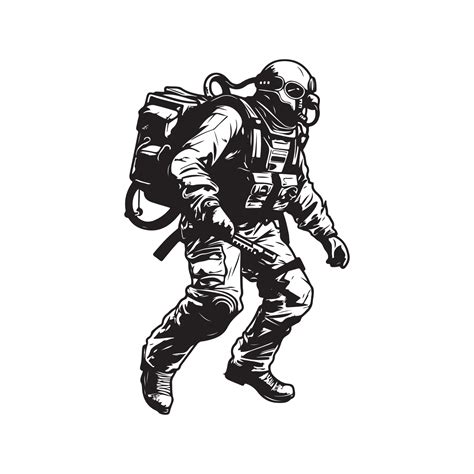 military combat exoskeleton, vintage logo line art concept black and white color, hand drawn ...