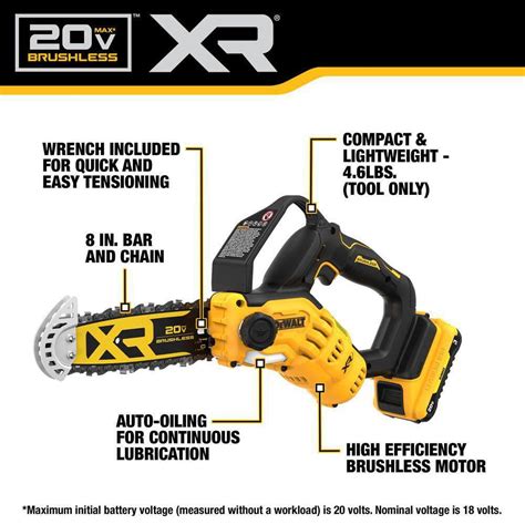 DEWALT DCCS623L1 8 in. 20-Volt Lithium-Ion Pruning Electric Cordless Chainsaw Kit with 3Ah ...