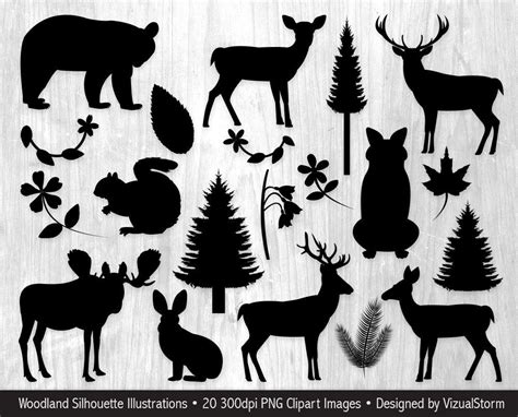 Forest Silhouettes Clipart Bundle Png Woodland Animal Clip Art, Plants & Wildlife, Deer and ...