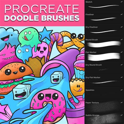 the cover of procreate doodle brushes is shown with an image of cartoon characters