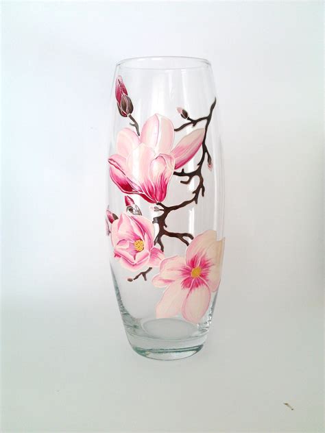 Magnolia Hand painted glass vase Hand by PaintedglassbySveti