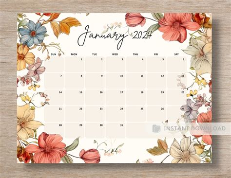 January 2024 Calendar Printable Planner Beautiful Vintage Flowers Month of Jan Calendar Planner ...