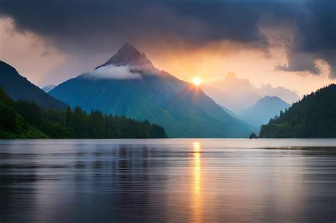 Premium AI Image | a sunset over a mountain lake