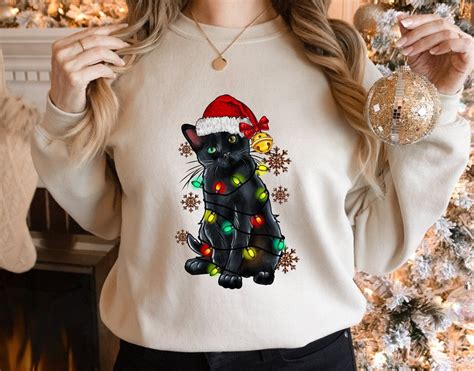 Black Cat Christmas Lights Sweatshirt, Christmas Shirt, Black Cat ...