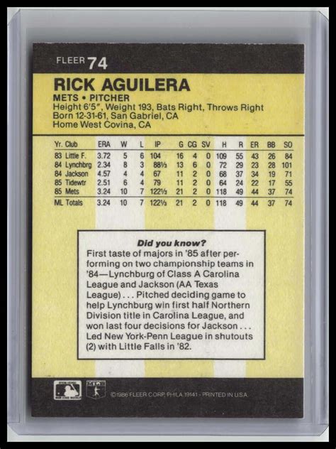 1986 Fleer #74 Rick Aguilera - Premier OJV