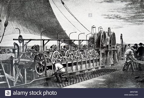 Print depicting the transportation of the cables used in the Atlantic Telegraph. The ...