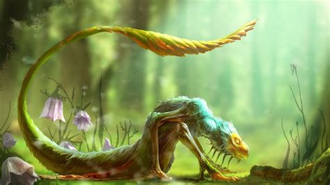 digital art, fantasy art, depth of field, flowers, tail, creature ...