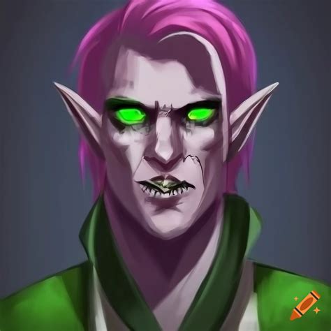 Dnd art of an evil handsome male elf with pink and green hair on Craiyon