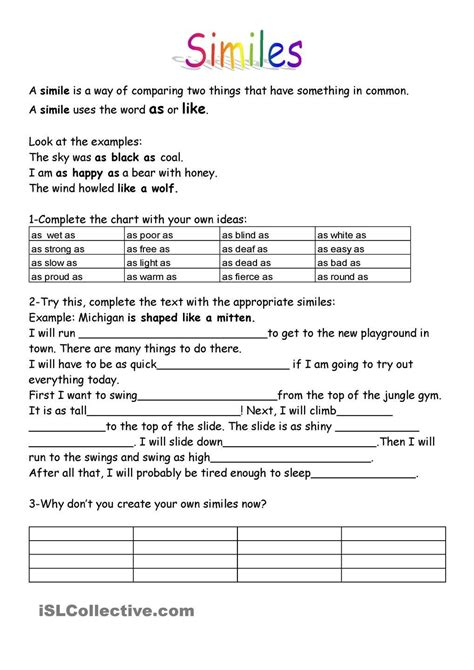 Free Printable Simile Worksheets in 2020 | Simile worksheet, Simile, Simile lesson