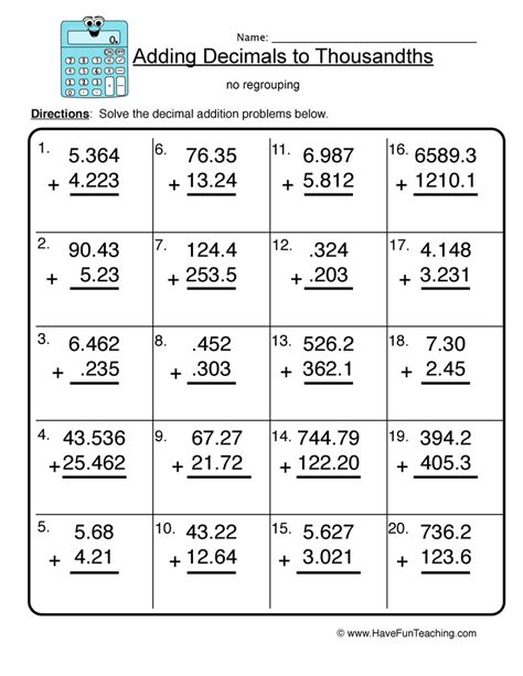 Adding Thousandths Decimal Worksheet - Have Fun Teaching - Worksheets Library