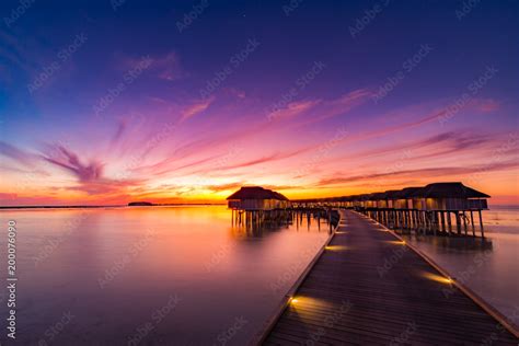 Sunset in Maldives island. Beautiful sunset sky and clouds, luxury ...