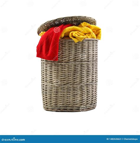 Wicker Laundry Basket with Dirty Clothes on White Stock Image - Image of isolated, heap: 148263663