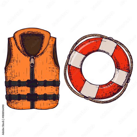 Life jacket and life buoy on white background, cartoon illustration of beach accessories for ...