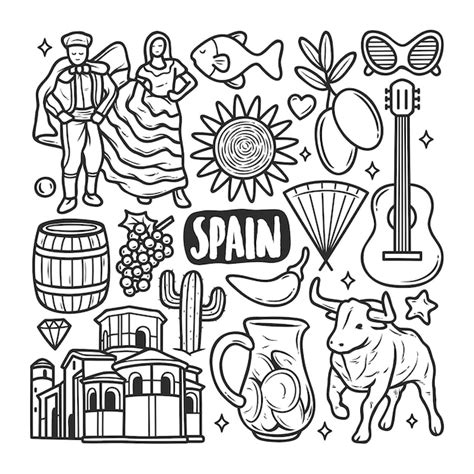 Espagne Icônes Doodle Dessiné Main Coloriage | Vecteur Gratuite