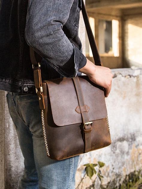 Dark Brown Casual Leather Mens 10 inches Vertical Side Bag Postman Bag ...