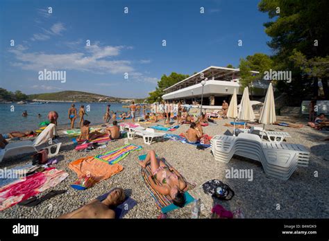 Crowded campsite beach in July Camp Vira Hvar Croatia Stock Photo - Alamy