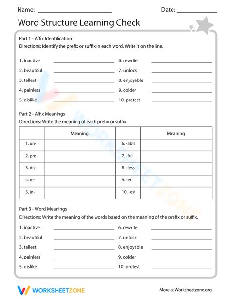 Word Structure Learning Check Worksheet