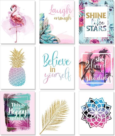 Outus Set of 9 Teen Girl Room Wall Art Inspirational Prints Pineapple ...