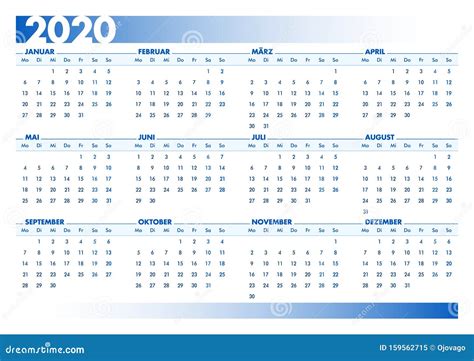 Blue 2020 German Calendar. Printable Landscape Version Stock Vector - Illustration of horizontal ...