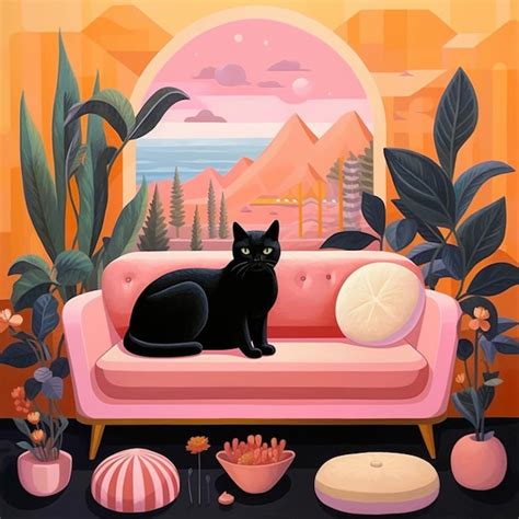 Premium AI Image | There is a black cat sitting on a pink couch in a ...