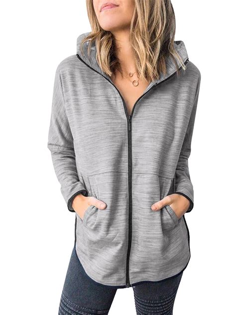 Women Zip Up Hoodie Jacket Ladies Casual Long Sleeve Sweatshirt Loose Hooded Top Solid Basic ...