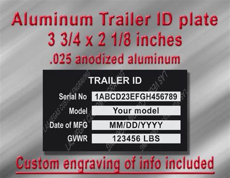 TRAILER ID PLATE Aluminum data Tag with custom engraving of your serial number included