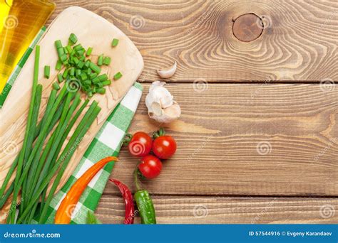 Cooking Ingredients On Wooden Table Stock Photo - Image of garlic, ingredients: 57544916