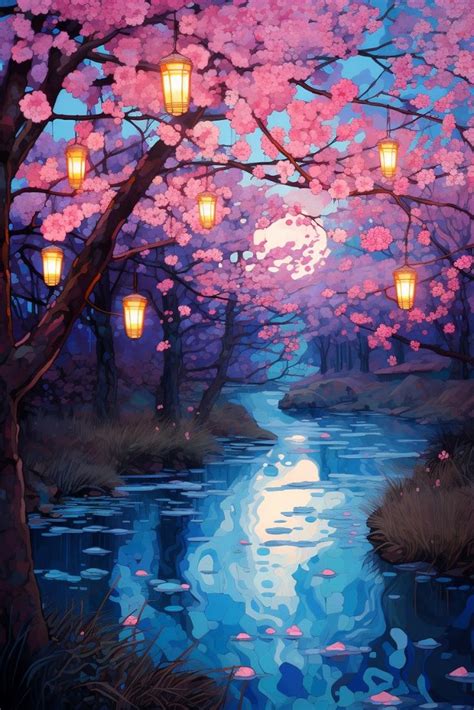 A River of Lanterns and Cherry Blossoms Canvas Wall Art Japanese Nature ...