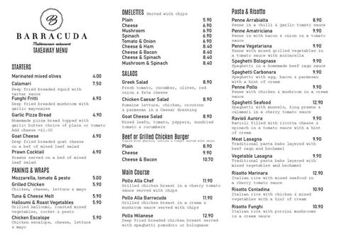 Menu at Barracuda, Bushey, 39 High St