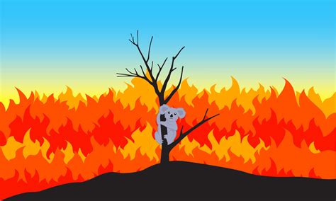 koala climbs a tree caught in a forest fire. graphic design ...