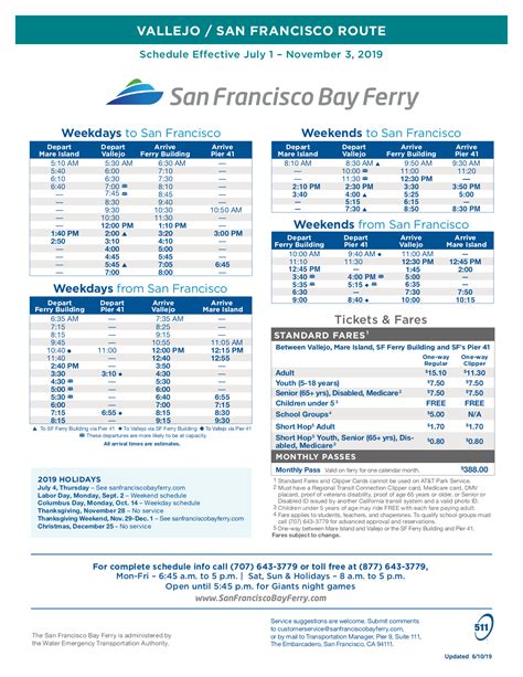 Vallejo to San Francisco Ferry Schedule - Summer 2019 - Vallejo Bay Ferry