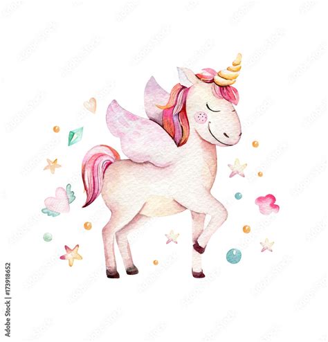 Isolated cute watercolor unicorn clipart. Nursery unicorns illustration. Princess rainbow ...