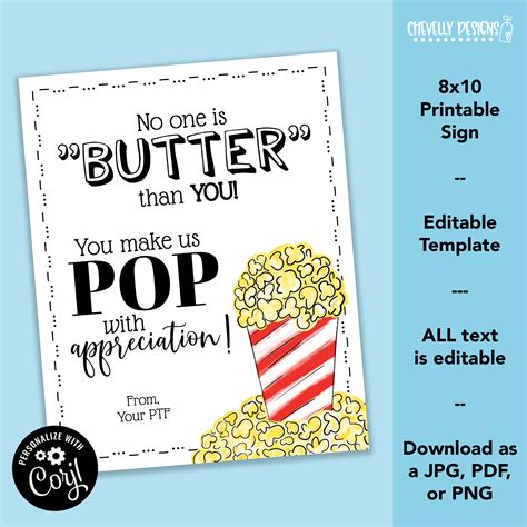 Editable - 8x10 Popcorn Sign - Staff Appreciation Week - Printable Bre ...