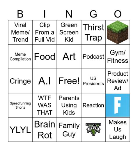 YT Shorts Bingo Card Bingo Card