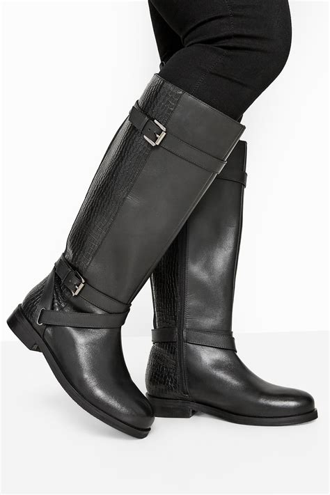 Black Leather Buckle Calf Knee High Riding Boots In Extra Wide Fit ...