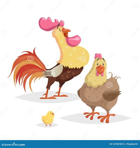 Cute Cartoon Chicken Family. Rooster. Hen And Little Chicken. Farm Animals Set. Vecttor ...